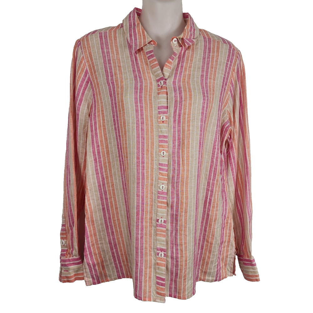 Foxcroft Easy Care Relaxed Linen Pink Striped Long Sleeve Button Up Tunic 8P